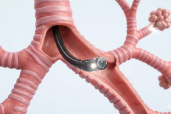 3D medical illustration of a flexible bronchoscope with a camera tip navigating through the human bronchial tree.