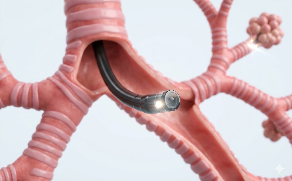 3D medical illustration of a flexible bronchoscope with a camera tip navigating through the human bronchial tree.