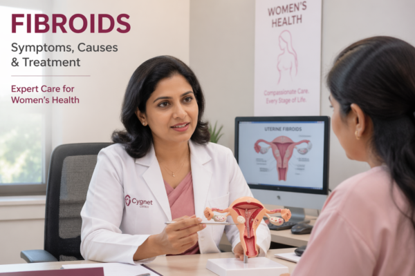 Dr. Gowthami Mullangi at Cygnet Superspeciality Clinics explaining uterine fibroids (myomas) using a medical diagram to a patient.