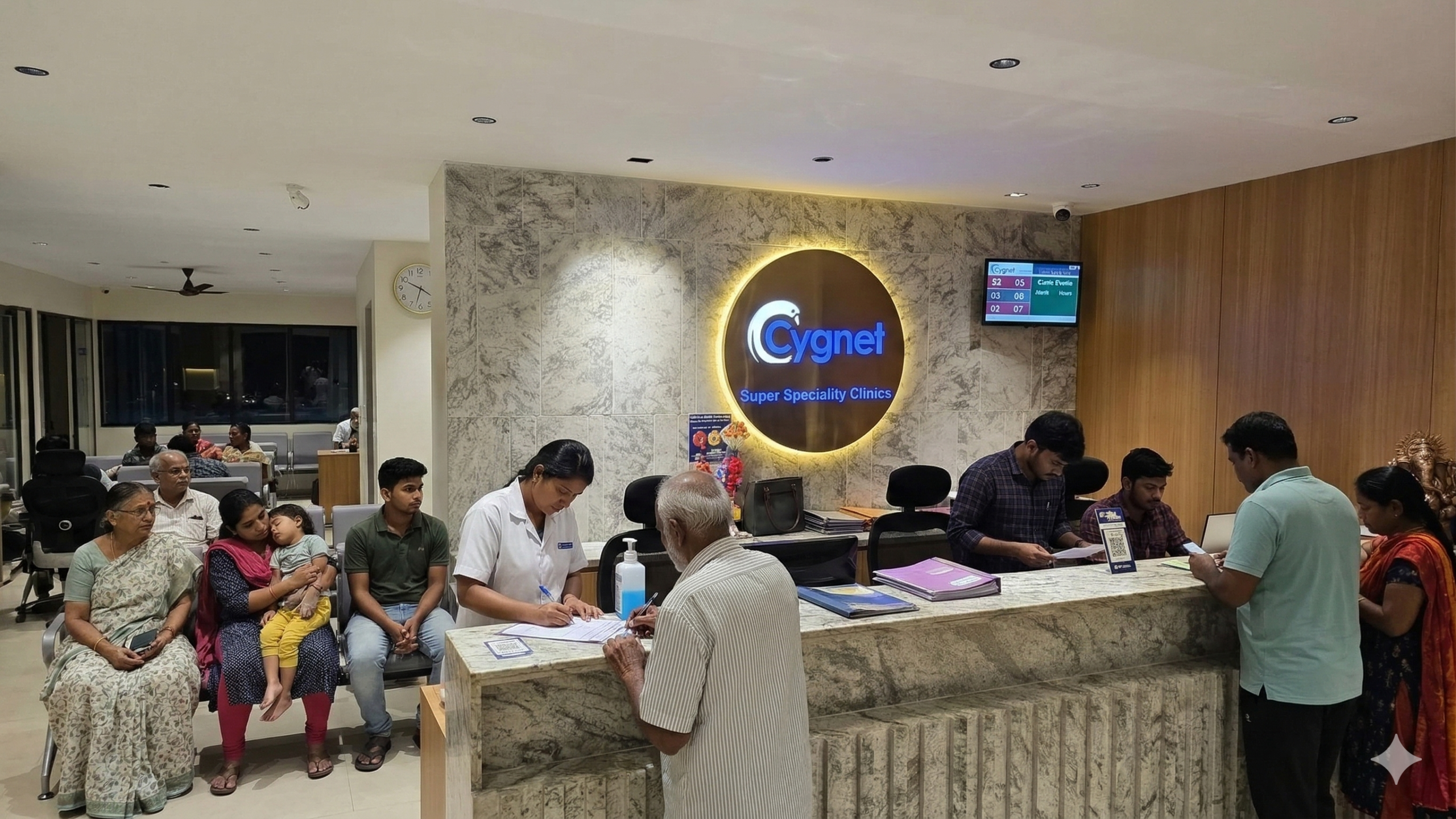 A busy, modern reception area at Cygnet Superspeciality Clinics during evening hours with staff assisting patients.