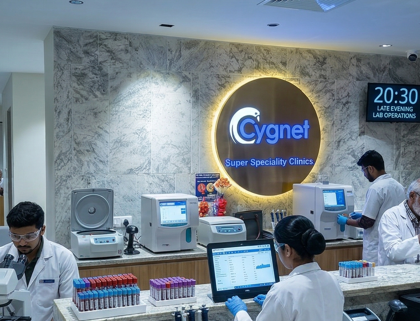 Close-up view of a medical laboratory technician performing a blood sample investigation using modern clinical equipment at Cygnet Superspeciality Clinics.