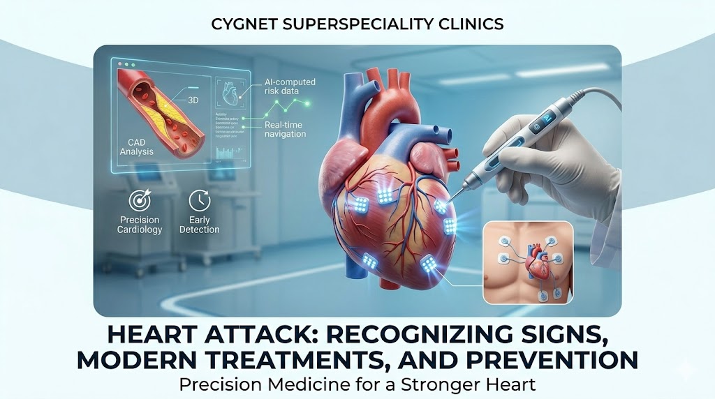 A detailed 3D medical illustration of a human heart with AI-computed risk data and a CAD analysis overlay showing plaque in a coronary artery.