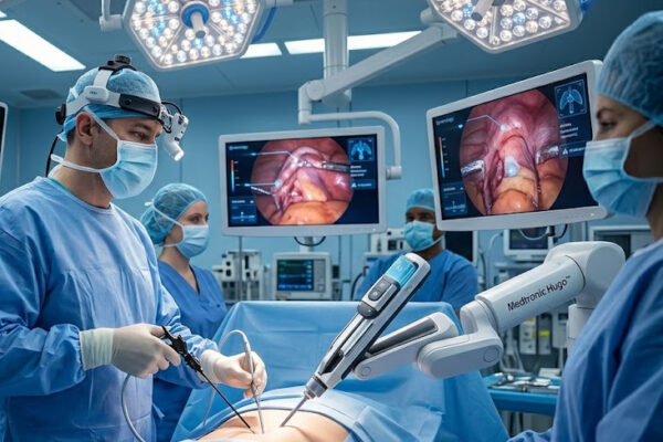 A sterile operating theater at Cygnet Clinics showing a laparoscopic surgeon performing a minimally invasive procedure with AI navigation data displayed on 3D monitors and robotic-assisted instruments.