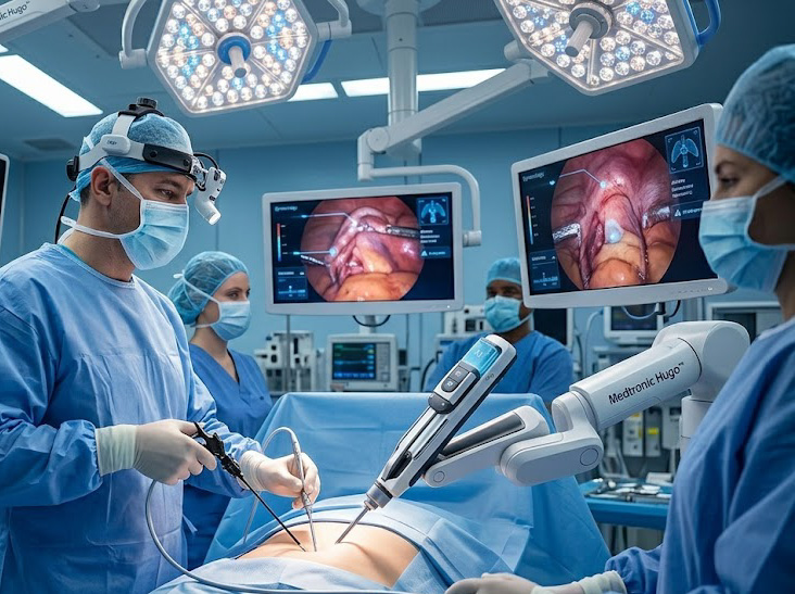 A sterile operating theater at Cygnet Clinics showing a laparoscopic surgeon performing a minimally invasive procedure with AI navigation data displayed on 3D monitors and robotic-assisted instruments.