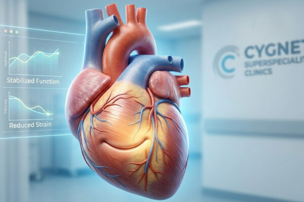 A symbolic medical illustration of a healthy human heart with a subtle smile, representing stabilized heart function and reduced strain after treatment at Cygnet Superspeciality Clinics.