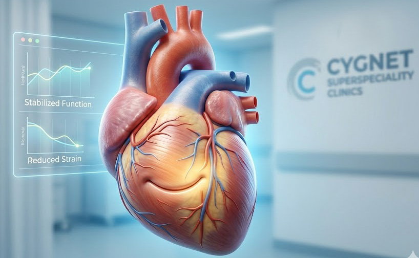 A symbolic medical illustration of a healthy human heart with a subtle smile, representing stabilized heart function and reduced strain after treatment at Cygnet Superspeciality Clinics.