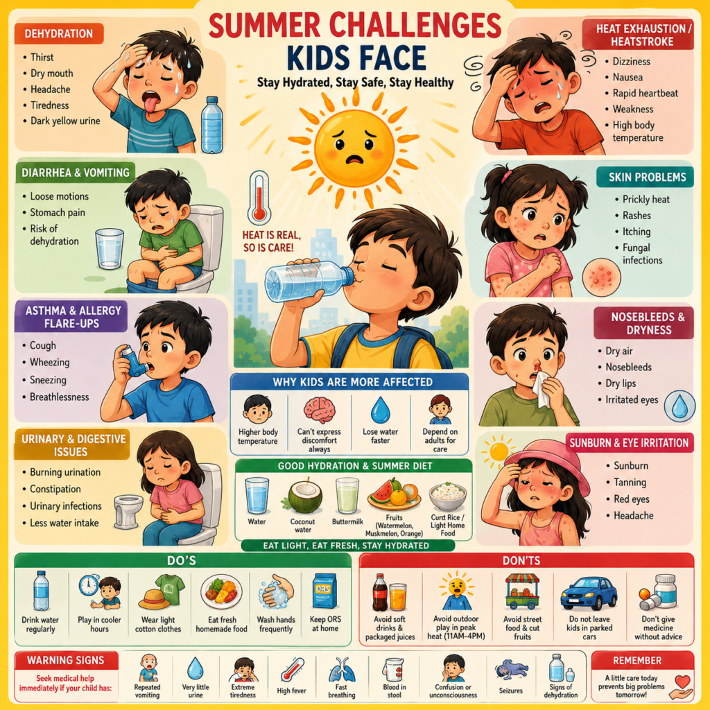 An informative infographic titled "Summer Challenges Kids Face," illustrating pediatric advice for Indian parents on hydration, heatstroke prevention, skin care, and outdoor safety for children.