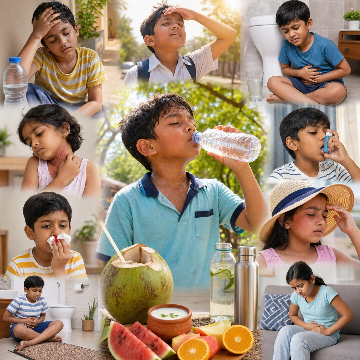 Collage of Indian children staying hydrated and healthy in summer, featuring a child drinking coconut water, a child drinking from a tap, and an infographic on heatstroke prevention.