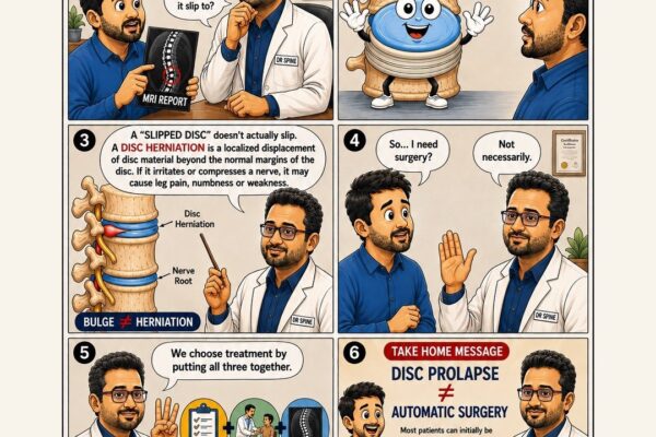 Six-panel Know Your Spine comic explaining that a slipped disc does not automatically require surgery; treatment depends on symptoms, examination and MRI findings.
