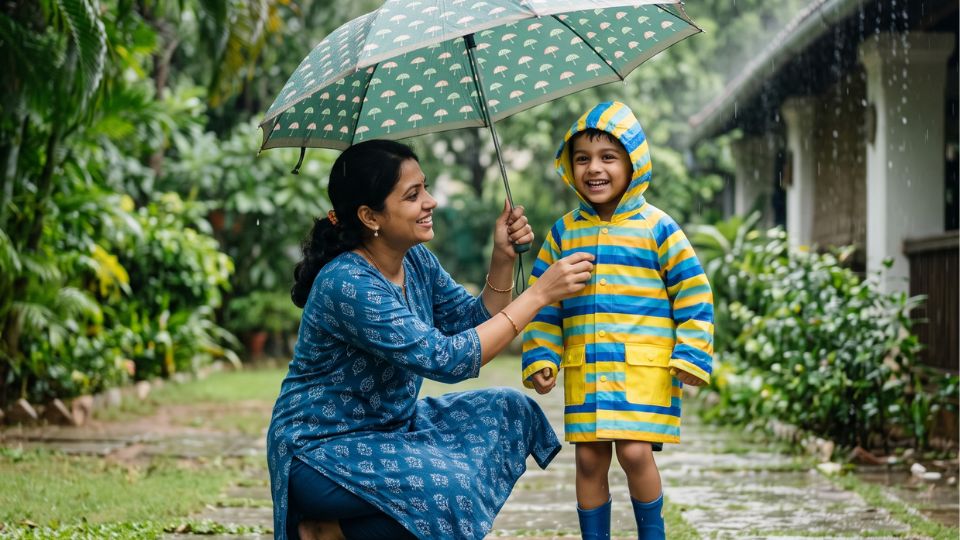 Mother and child under an umbrella in the rain, representing child health care and monsoon disease prevention in India.