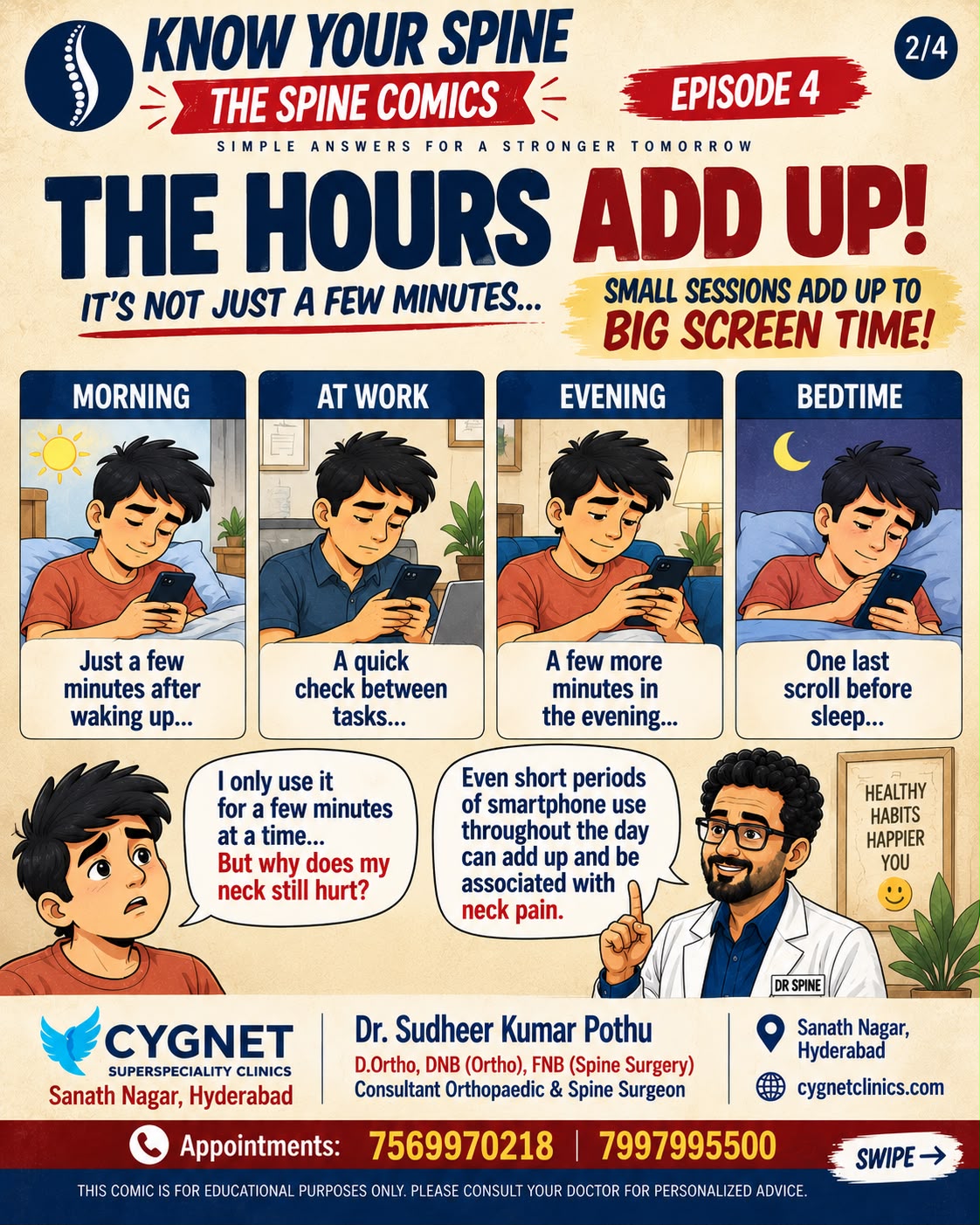 Spine Comics illustration showing how short smartphone sessions in the morning, at work, in the evening and at bedtime add up.