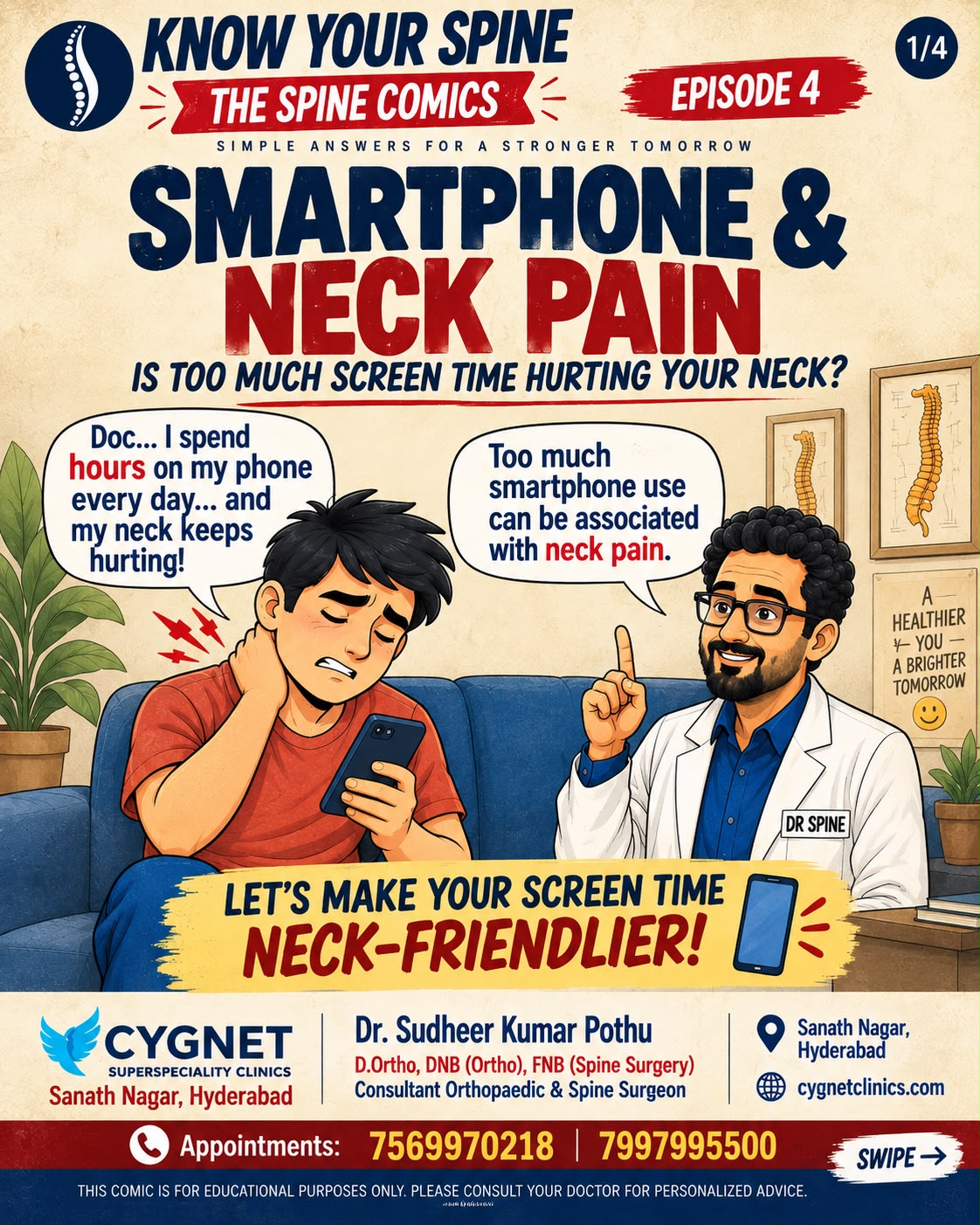 Spine Comics Episode 4 cover: smartphone use and neck pain, with a patient speaking to a spine doctor.