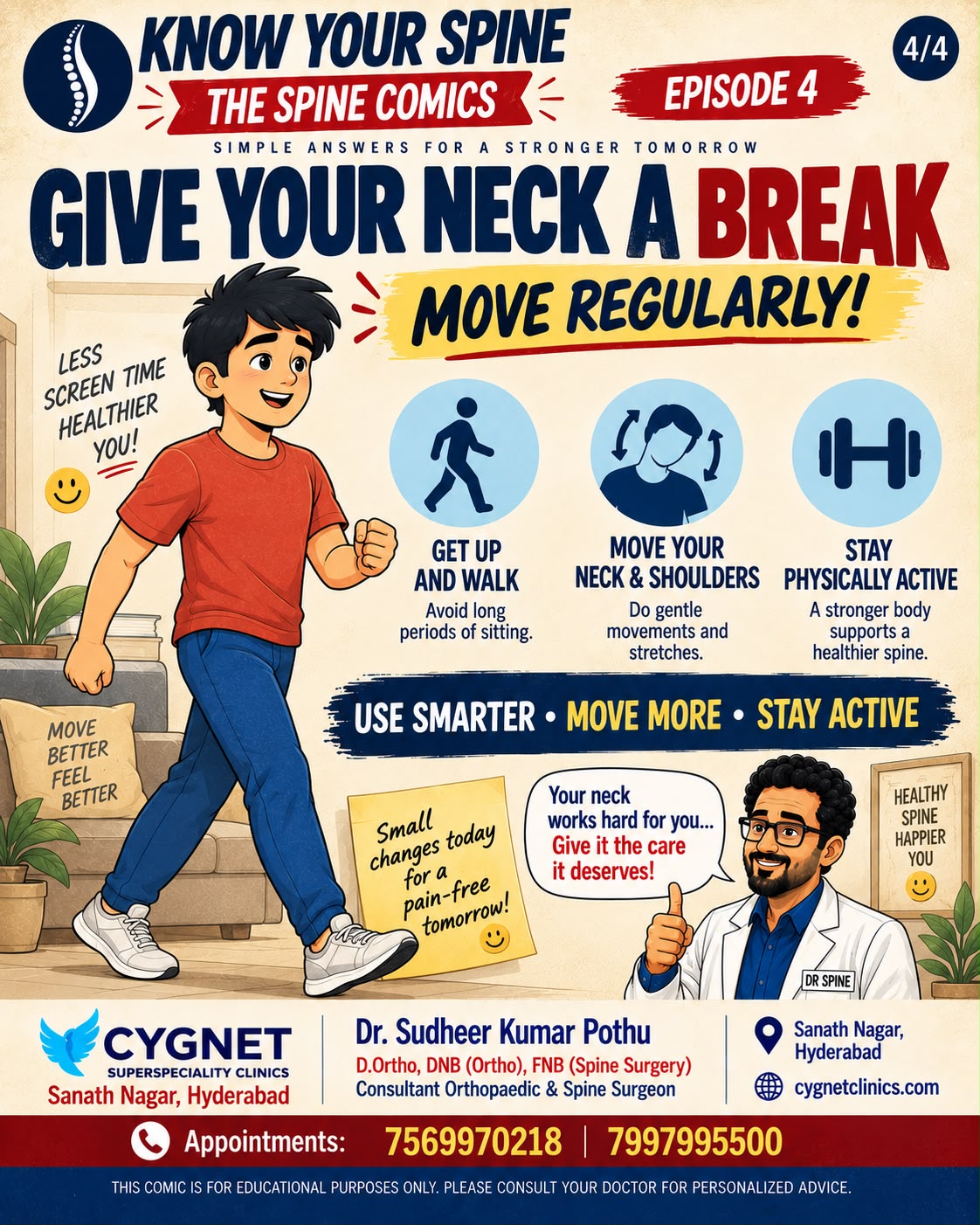 Final Spine Comics Episode 4 slide encouraging walking, gentle neck and shoulder movement, and regular physical activity.