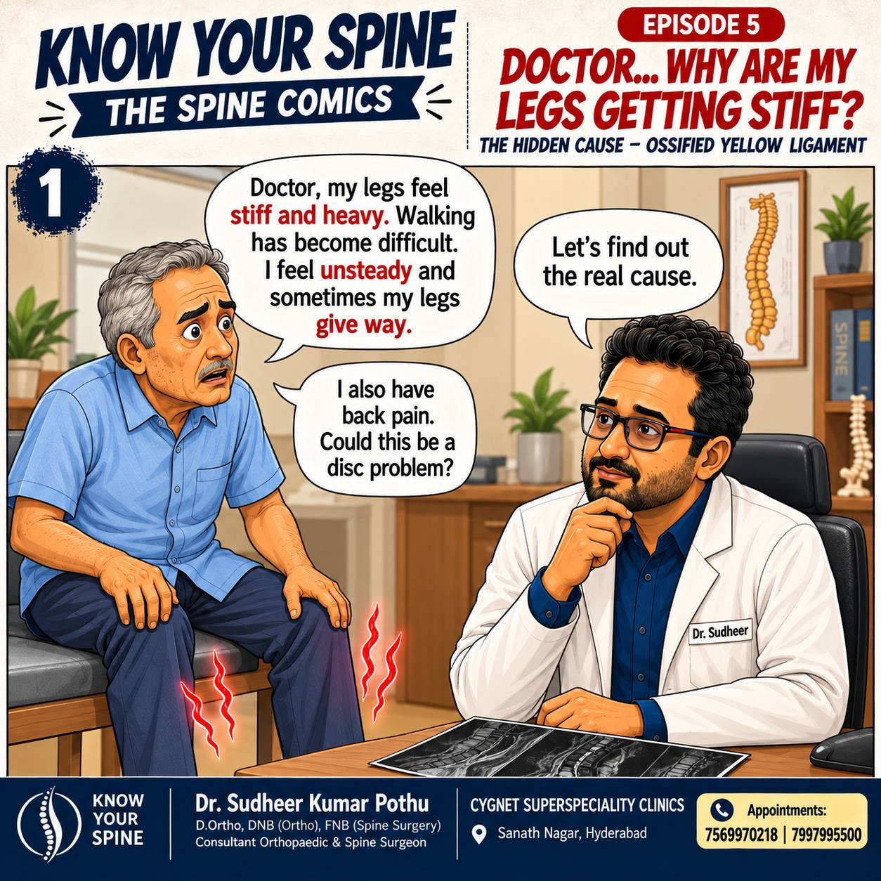Patient with stiff, heavy legs and walking difficulty asks whether symptoms are due to a disc problem